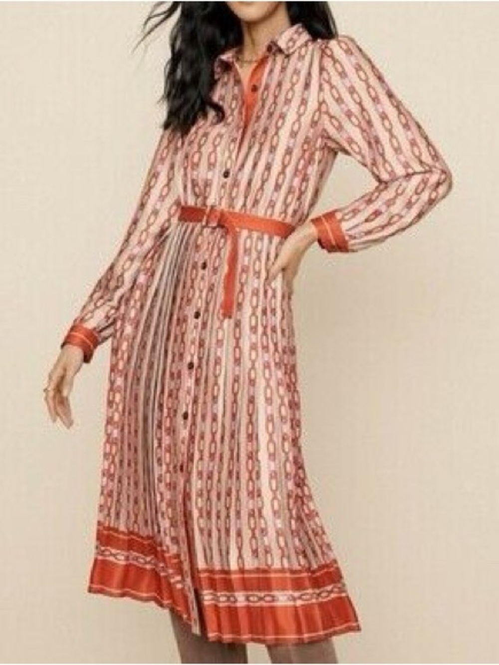Ann Taylor Chain Print Red and Cream Button-Down Midi Dress with Belt